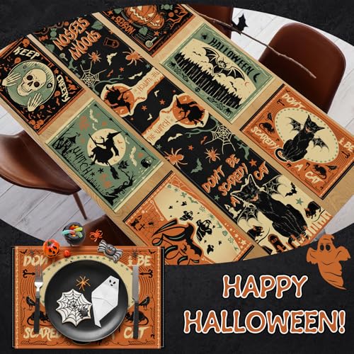 Halloween Placemats with Runner Set - Scary Forest Gothic Bat Skull Design, Washable 12x18 Inches