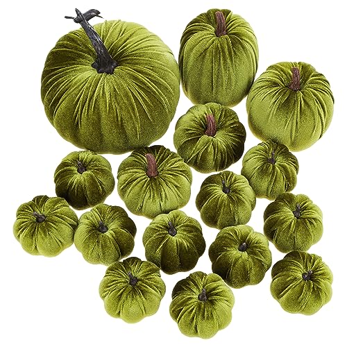 Artificial Velvet Pumpkins Set - 16 Assorted Sizes, Green Variation