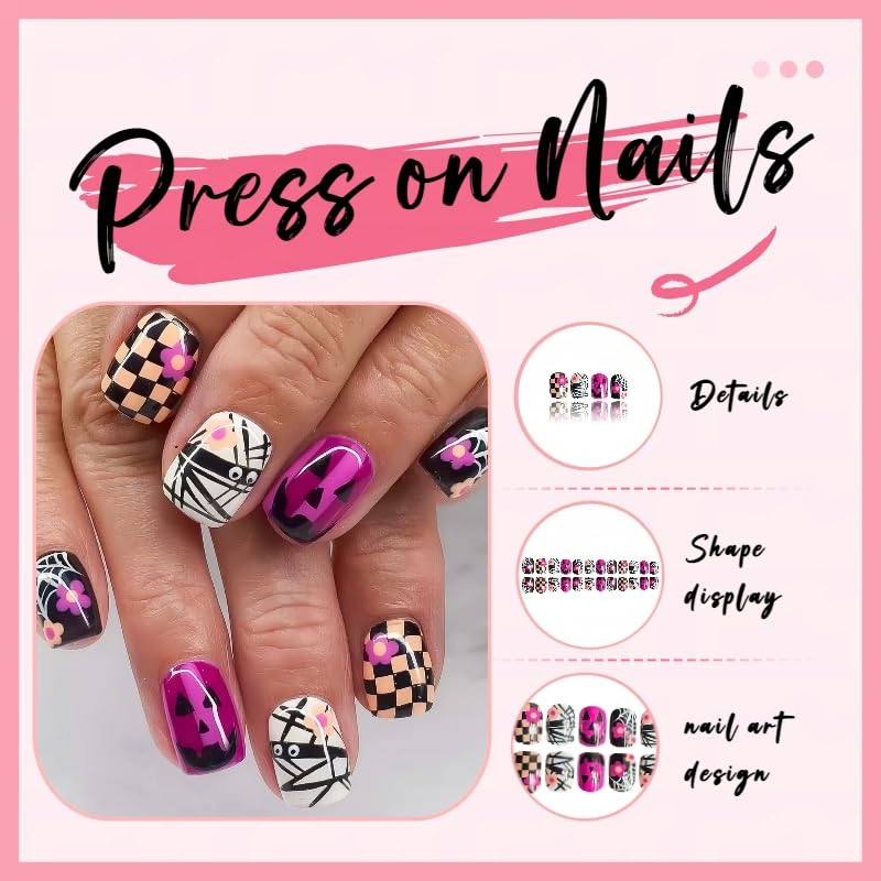 Halloween Press On Nails Short Square Fake Nails with 3D Flower Spider Web Pumpkin & Ghost Design - Bandage Ghost Variation