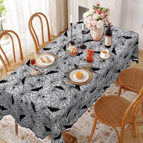 Halloween Black Lace Tablecloth 70x52 Inch Rectangular Spiderweb Bat Decor