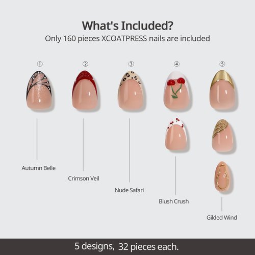 BTArtboxnails X LONGHAIRPRETTYNAILS Press On Nails - Autumn Muse, 5 Designs Mix Match Short Almond French Tip Press On Nails, 160 Pcs Salon Quality Soak Off Soft Gel Nail Tips in 16 Sizes