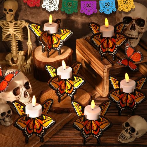 12 Pcs Day of the Dead Wooden Butterfly Candleholders - Festive Tabletop Decor