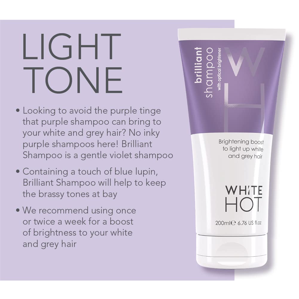 White Hot Brilliant Bounce Duo: Brilliant Shampoo 200ml and Infinity Mousse 150ml, counteracts yellow tones and promotes shine with each time you use.