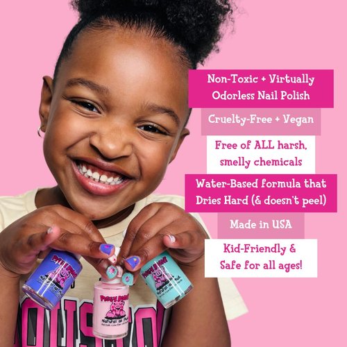 Piggy Paint | 100% Non-Toxic Girls Nail Polish | Safe, Cruelty-free, Vegan, & Low Odor for Kids | All the Heart Eyes (3 Polish + Nail Art Gift Set)