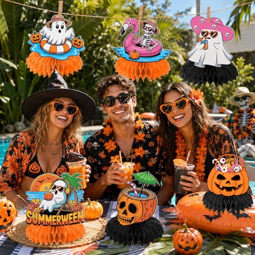 Summerween Halloween Honeycomb Centerpieces - 12 Pack, Pumpkin Ghost Skull Decor