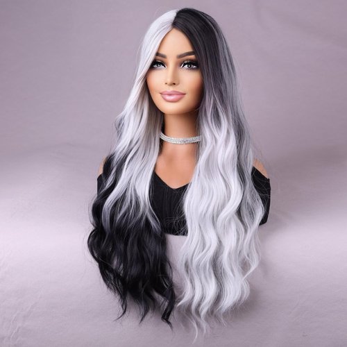 BERON Black White Wig Long Wavy Split Wigs for Women Long Curly Black White Wig for Party Halloween or Cosplay