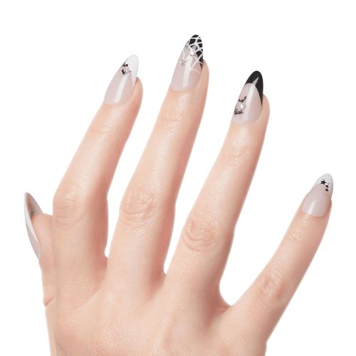 KISS Voguish Fantasy Halloween Press On Nails Almond, ‘Witch Out’, Black and White, Medium Length, Glow In The Dark, Jewel Stones, Pink Gel Nail Glue (2g), 28 Fake Nails