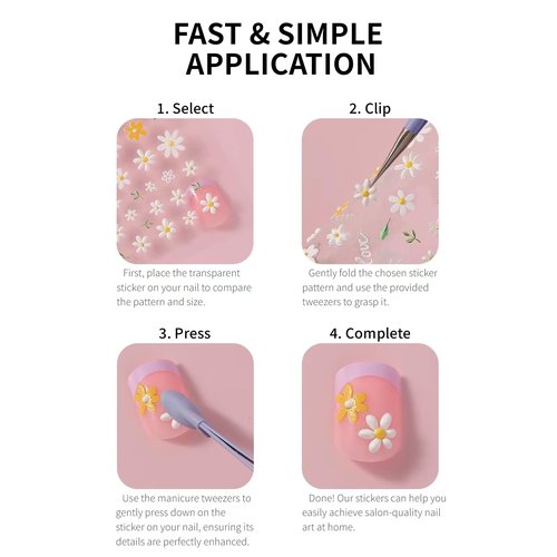 HAIIDOAK Nail Stickers, 4 Sheets Floral 5D Embossed, Self-Adhesive for DIY Manicure