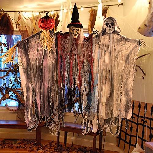 Halloween Hanging Ghosts Set - 3 Animated Outdoor Decorations for Porch Yard Garden