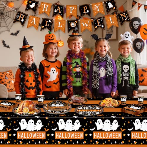 Halloween Disposable Tableware Set - Ghost & Trick or Treat Plates Napkins Cups Banner - 82 Pcs