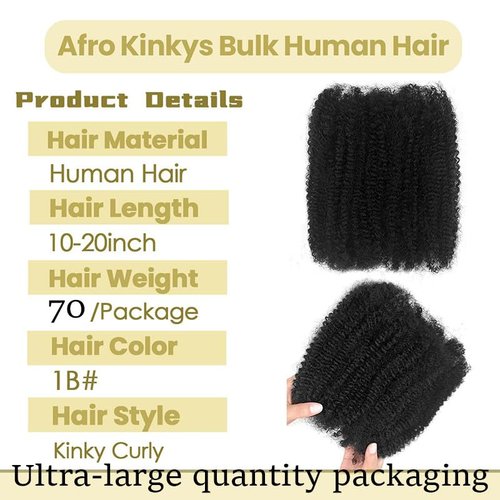 Afro Kinkys Bulk Human Hair for kinky curly Twist Human Braiding Hair For Micro Locs Extensions marley natural Black Color 16 inches 70g/pack