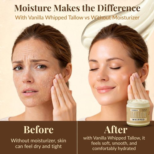 Lady May Tallow Whipped Tallow 24oz - All Natural Face Cream + Whole Body Moisturizer for Dry Skin - Made With Scented Oil Blend - No Preservatives, Parabens or Seed Oils - USA Made (Vanilla)