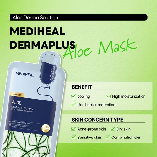 Mediheal Dermaplus Aloe Mask - Daily Vegan Hydrating Sheet Mask with Panthenol & Hyaluron | 10 Count