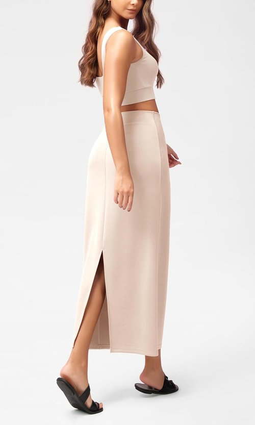 ODODOS Maxi Skirt for Women - Soft Modal Fabric with Back Slit | High Waist Casual Long Design