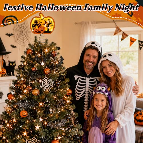 Halloween Pumpkin Tree Topper 9 Inch Shadow Box with LED Ghost & Pumpkin Lights