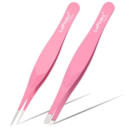 2PCS Tweezers Set for Women and Men, Precision Tweezer kit for Ingrown hair, Facial Hairs, Chin Hair, and Splinter Removal, Professional Eyebrow Plucker Tweezers, Pink