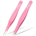 2PCS Tweezers Set for Women and Men, Precision Tweezer kit for Ingrown hair, Facial Hairs, Chin Hair, and Splinter Removal, Professional Eyebrow Plucker Tweezers, Pink
