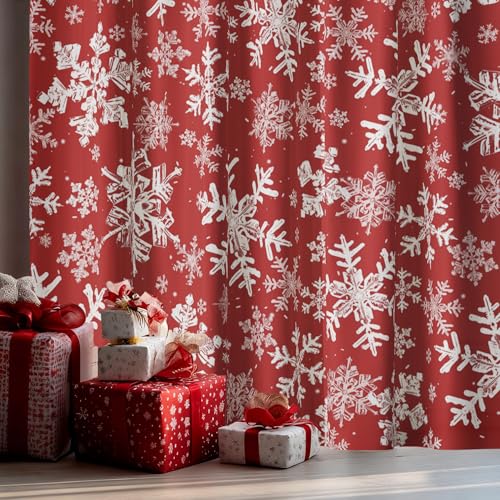 Christmas Sheer Curtains 2Pcs 52x63in Snow Red Foil Window Decor - Horaldaily