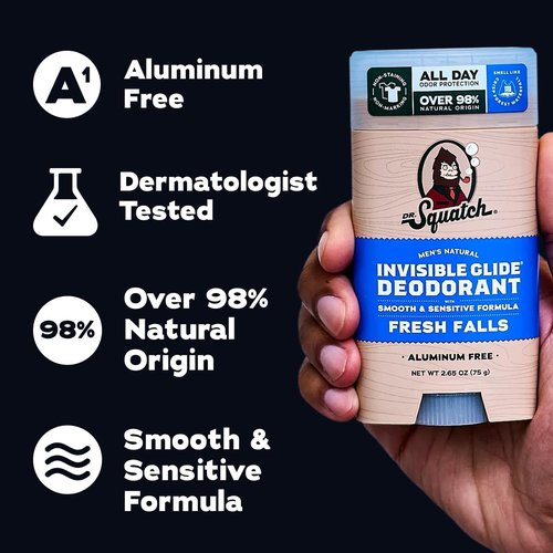Dr. Squatch Invisible Glide Men’s Deodorant - Aluminum-Free, Stain-Free Formula - Fresh Falls & Wood Barrel Bourbon - 2.65oz (2-Pack)