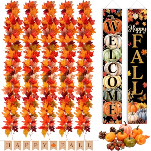 Black Fall Decor Set with Garland & Door Sign - Happy Fall Pumpkin - Fall Maple Leaves