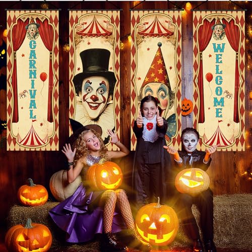 Vintage Halloween Carnival Banners Set with Clown & Circus Themes - 4 Pieces