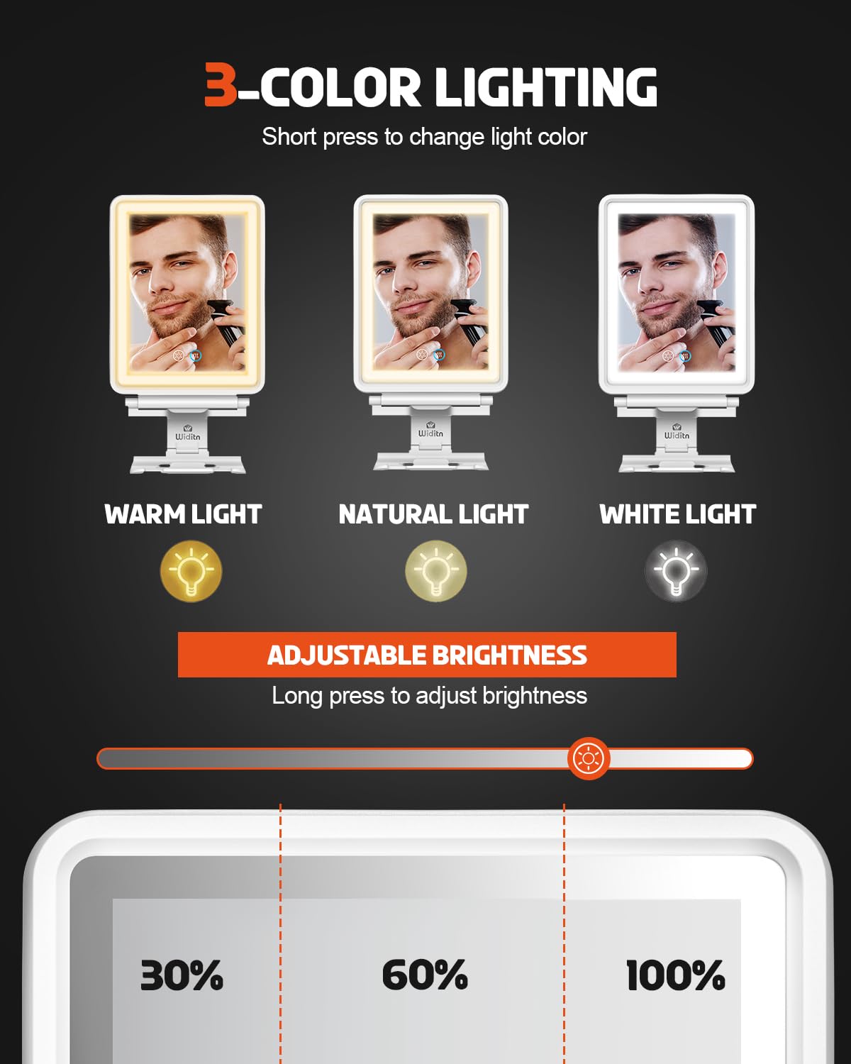 Widitn Heated Shower Mirror Fogless for Shaving, 3 Color Dimmable Lights Shower Mirror Fogless, Rechargeable Anti-Fog Shaving Mirror with Razor Holder, Storage Tray, Squeegee