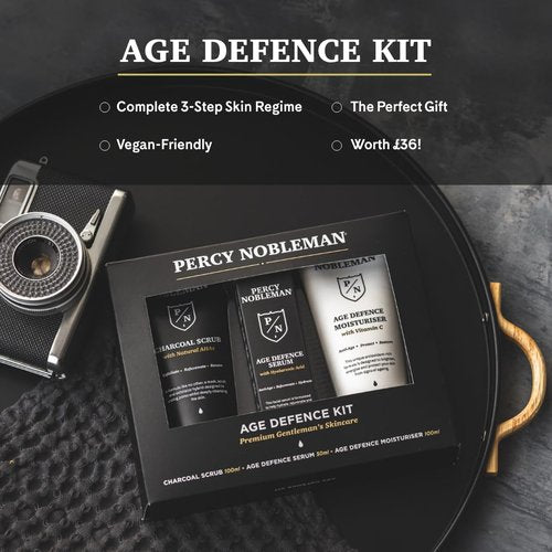 Percy Nobleman Age Defence Kit – Men’s Skincare Gift Set with Charcoal Face Scrub, Hydrating Facial Serum with Hyaluronic Acid & Vitamin C Moisturiser for Cleansing, Nourishment & Healthy Skin