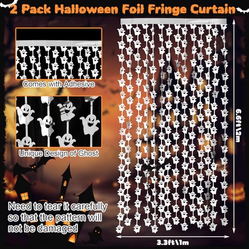 WovWeave 2 Pack Halloween Ghost Foil Fringe Curtains - Silver, 3.3x6.6 Ft