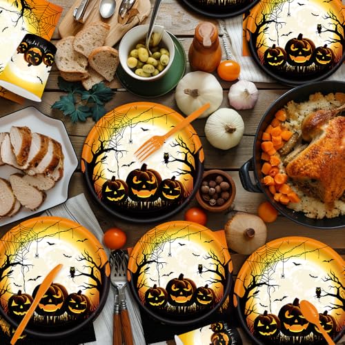 Halloween Party Supplies Disposable Pumpkin Plates Napkins Dinnerware Set for 20 Guests