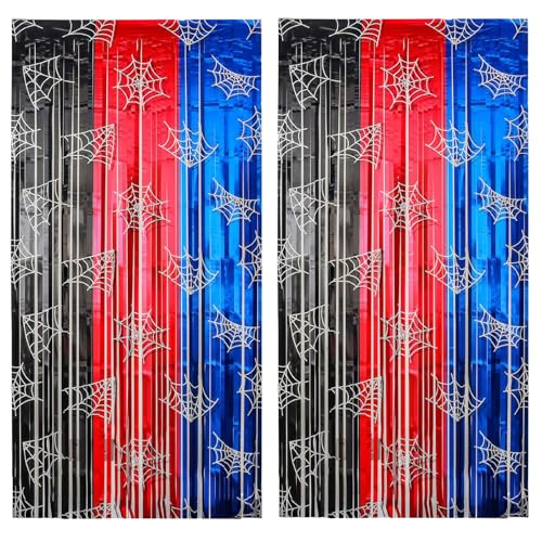 Spider Web Tinsel Fringe Curtains Set - Red Black Blue Metallic Party Backdrop & Photo Props