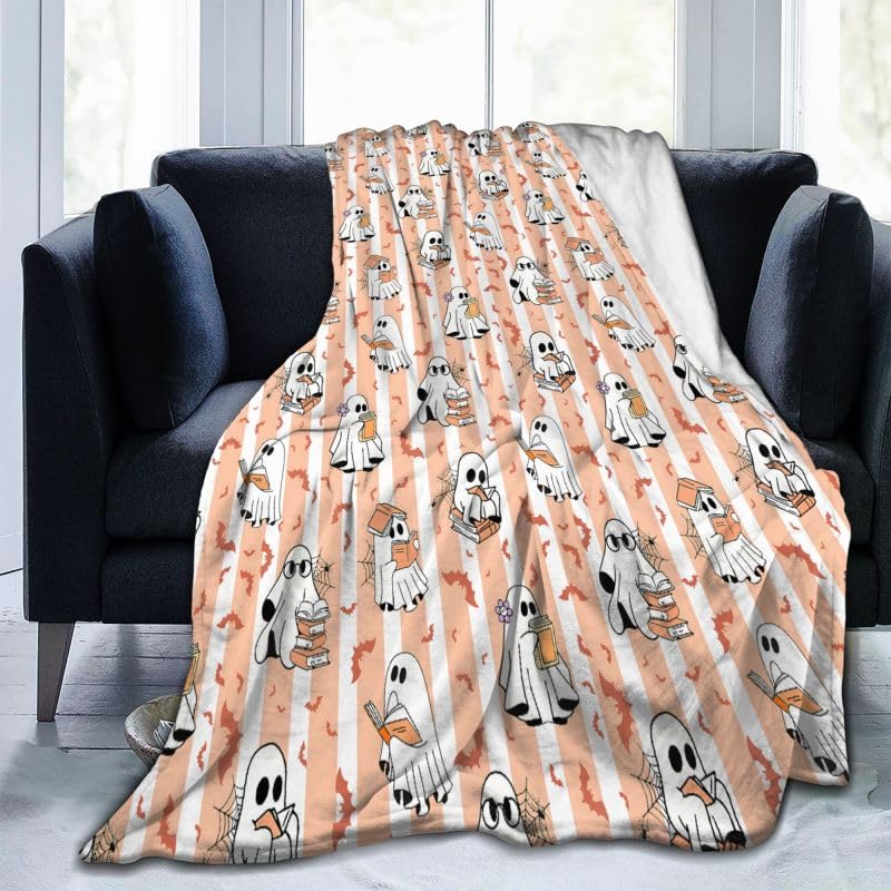Halloween Ghost Reading Blanket - Orange 60x50 Inch Cozy Flannel Throw