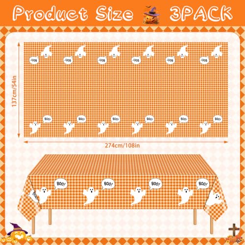 Halloween Ghost Tablecloth Set - 3 Pack Orange Checkered Disposable Decor