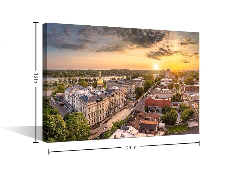 24x16 Inch Trenton City Skyline Canvas Wall Art - Modern Living Room Decor - Framed & Stretched - American Cityscape Wall Art for Bedroom (Variation: 50-Trenton)