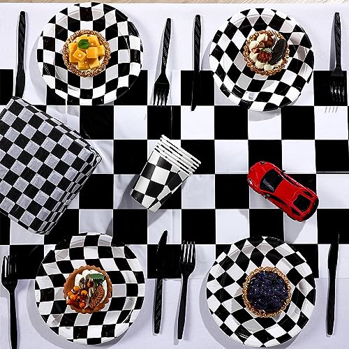Preboun 3 Pcs Black White Checkered Plastic Table Runner - 14 x 108 Inches - Racing Theme Party Supplies