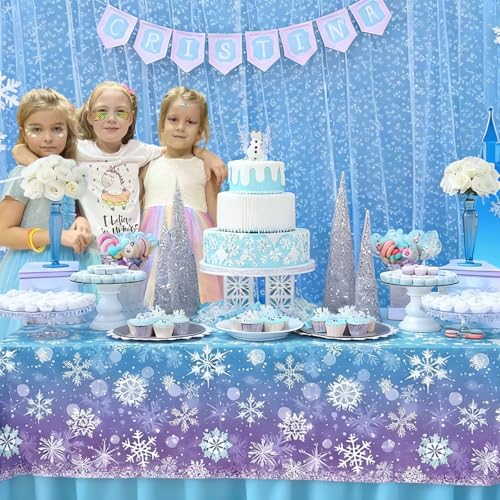 Snowflake Winter Tablecloth 3 Pack for Holiday Party Decorations - Blue & Purple Disposable Plastic Cover - Christmas & Winter Events