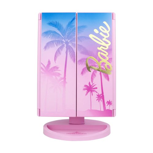 Impressions Vanity Barbie LED Trifold Makeup Mirror with Magnification, 3 Way View Portable Desk Mirrors with Dimmable Tri Tone Lighting, Tilt Adjustable Stand, and Touch Switch