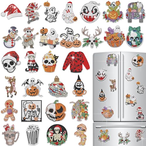Christmas Eve Diamond Art Magnet Kit - 30 Refrigerator Magnets, Festive Shapes