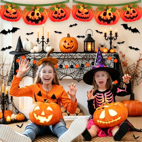 Halloween Pumpkin Banner & Spider Web Mantel Decor Set
