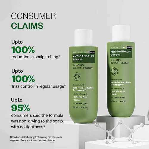 Bare Anatomy Anti-Dandruff Shampoo - Reduces Dandruff & Strengthens Hair | Derma Approved with Salicylic Acid & Biotin | 100ml