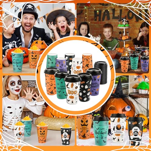 50 Pack Halloween Disposable Coffee Cups 16oz with Lids & Sleeves - Spooky Party Drinkware