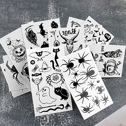 Halloween Temporary Tattoos Set for Kids and Adults - 10 Sheets with Skull Ghost Spider Designs
