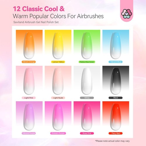 SAVILAND Airbrush Gel Nail Polish Hema-Free: Dilution-Free 12 Vitality Colors Airbrush for Nails Set Non-Acetone with Fine Mist Nail for Spray French & Ombre Nail Polish Nail Art Design Salon Kit
