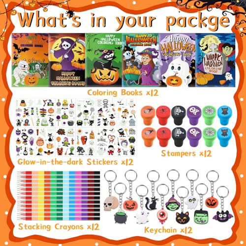 Halloween Party Supplies Set with Coloring Books, Stickers, Keychains & More