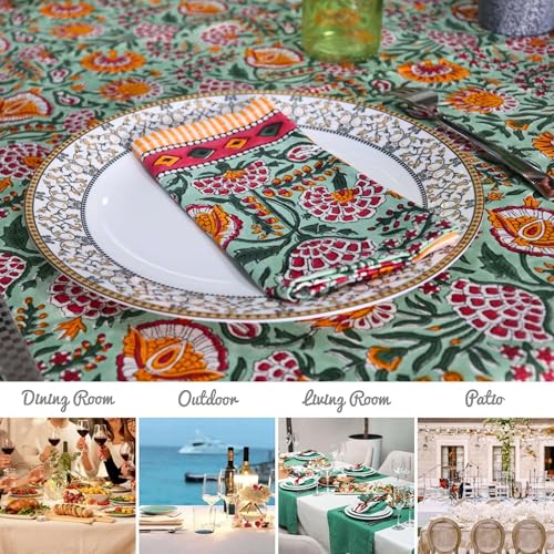 Handblock Print Cotton Tablecloth 72x135 Inches - Rectangular Dining Cover Seats 8-10 Forest Green