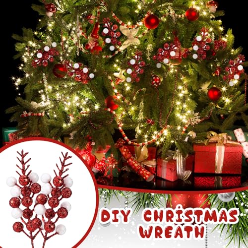 Christmas Glitter Berry Picks Set - Red White 8 Inch Holiday Decoration