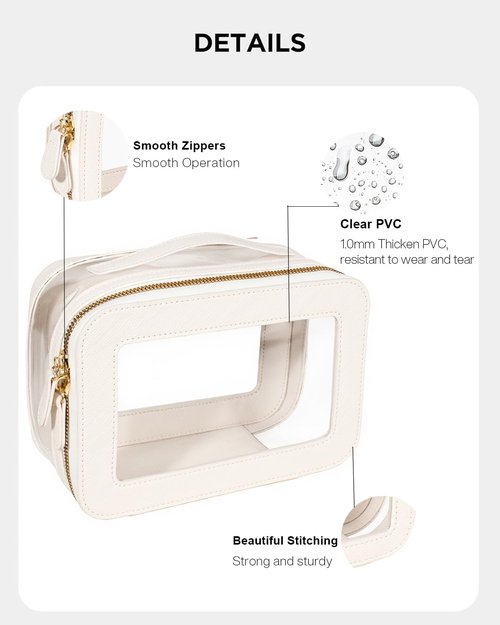 Clear Makeup Bag Set, Small Portable Clear Makeup Bag Cute Waterproof Travel Cosmetic Bag Makeup Pouch TSA Approved Toiletry Bag Women Traveling Car Organizer Car Essentials (White, Standard + Mini)