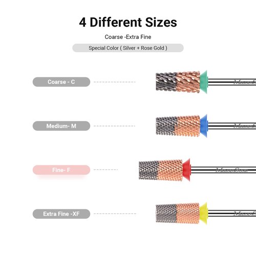 MelodySusie Tapered Barrel Nail Drill Bits, 3/32'' Carbide Tungsten Bits, Suitable for Manicure Pedicure Cuticle Gel Polishing, Technicians Bits, Silver & Rose Gold, Series Bit-S, Extra Fine