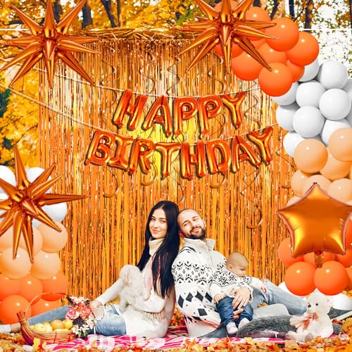 Orange White Birthday Decorations Set with Balloons, Fringe Curtains & Tablecloth - Variation: White Orange