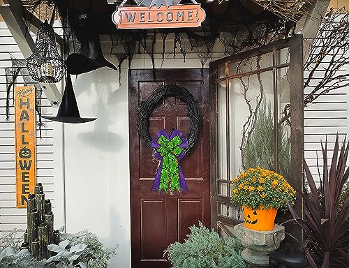 Large Halloween Burlap Green Pumpkin Wreath Bow with Spider Web Purple Bows