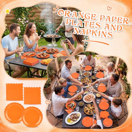 Orange Paper Plates and Napkins Set - Fall Themed 7 Inch Disposable Dinnerware - Variation: Orange